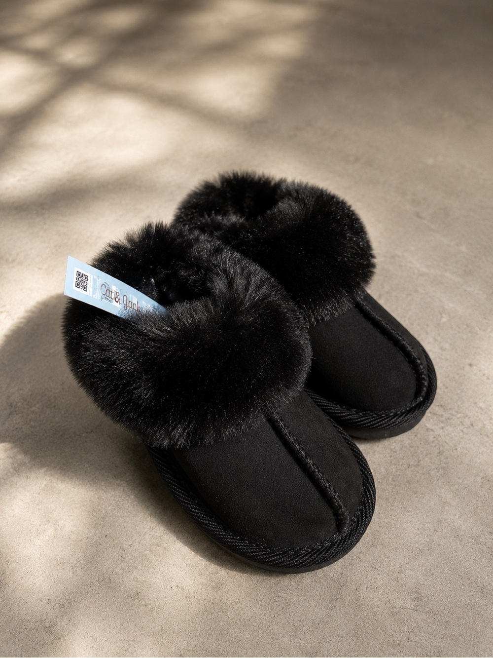 Cat & Jack Slippers Faux Suede Fur Trim Size 6 Toddler Black Piper Loungewear